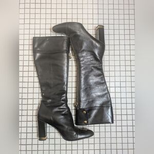 Bellofatto Italian Leather Elegant Black Knee-High Women's Boots With Gold Metal